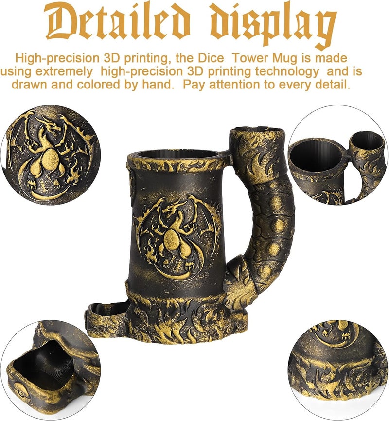 Luazuri Store Mug Dice Tower - Dice Rolling Tower,(7PCS D20 Dice Set Included) for DND Gift and Dungeons and Dragon, Tabletop Games, Drink Holder, Tavern Style Board Game Roller (Gold) - Image 3